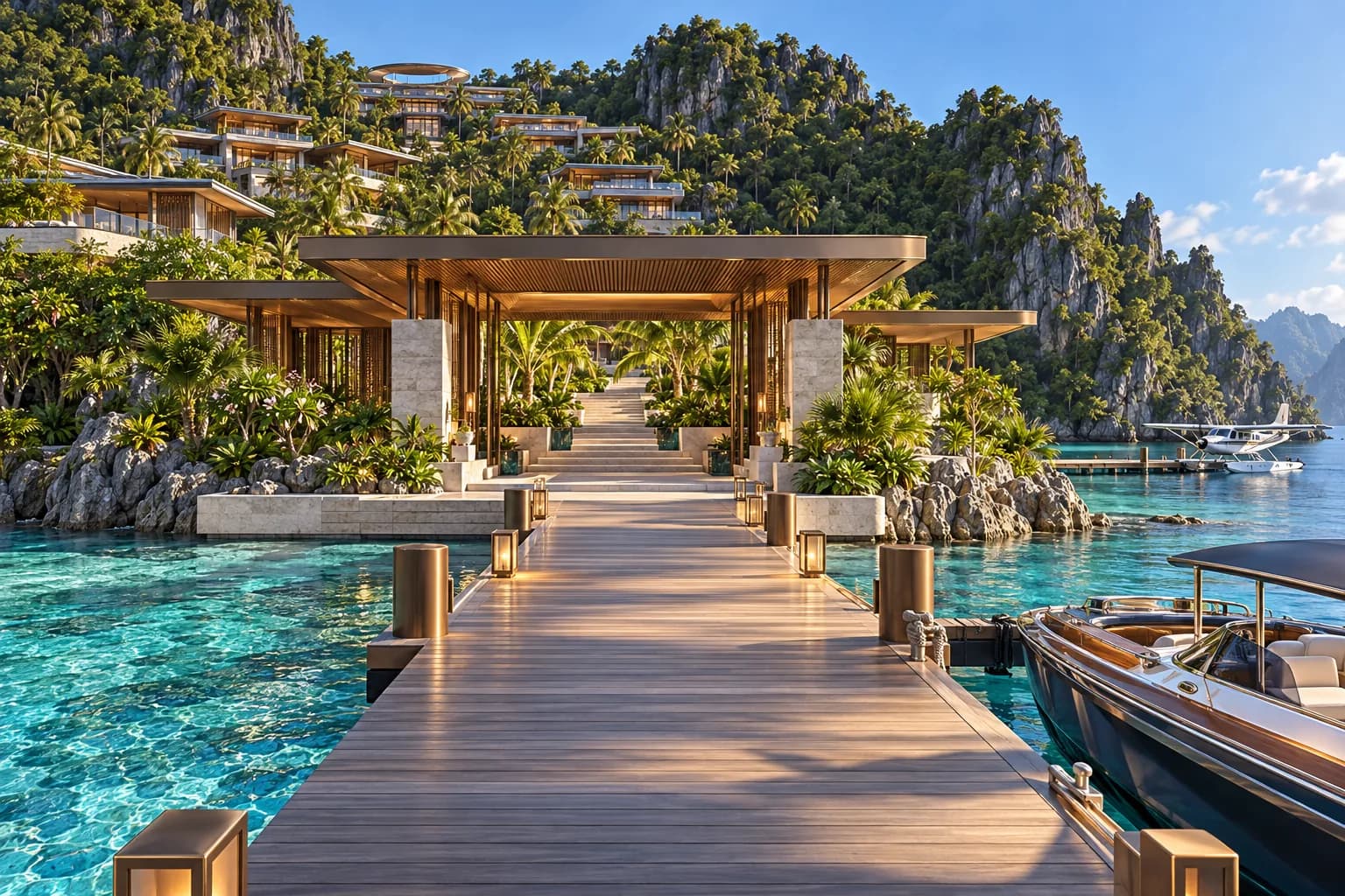 Sheltered island arrival pavilion and jetty beside turquoise sea
