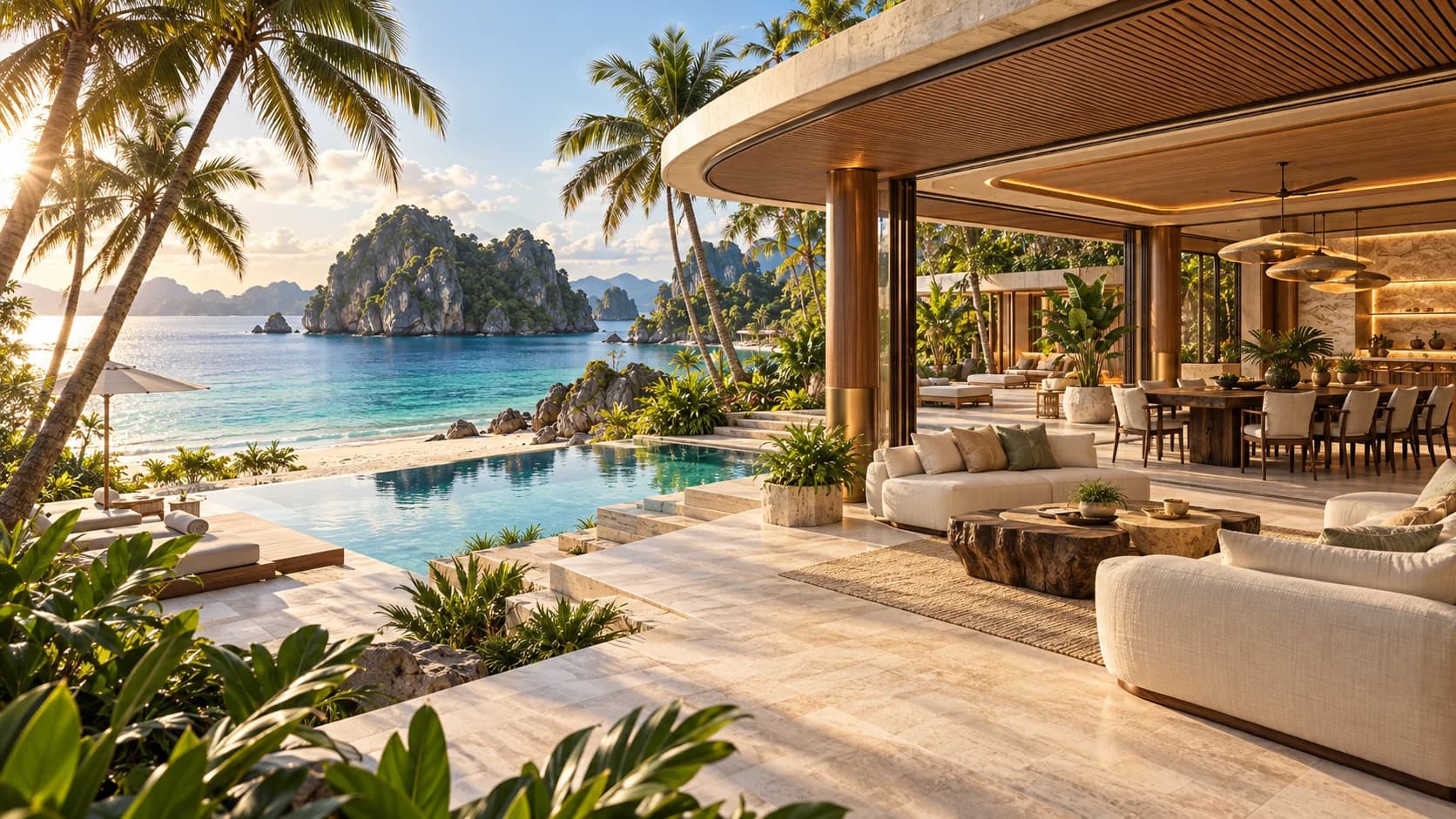 Low tropical beach villa with an open living pavilion and shaded garden beside the sand