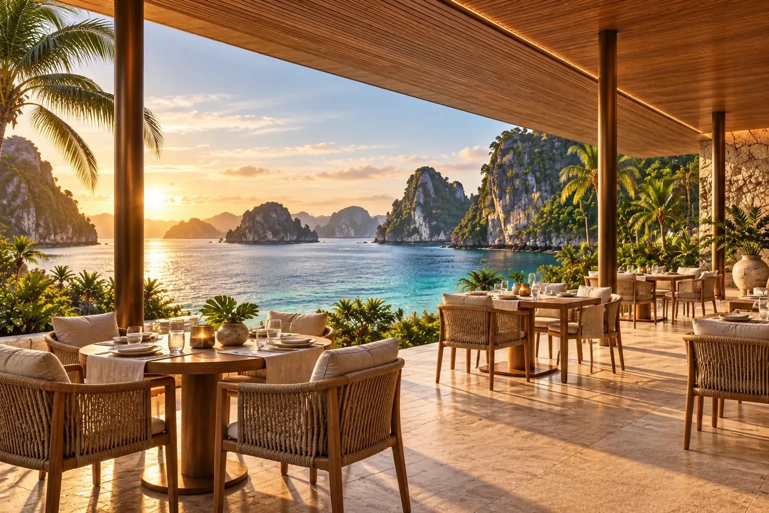 Open timber dining pavilion set beside a sheltered tropical cove