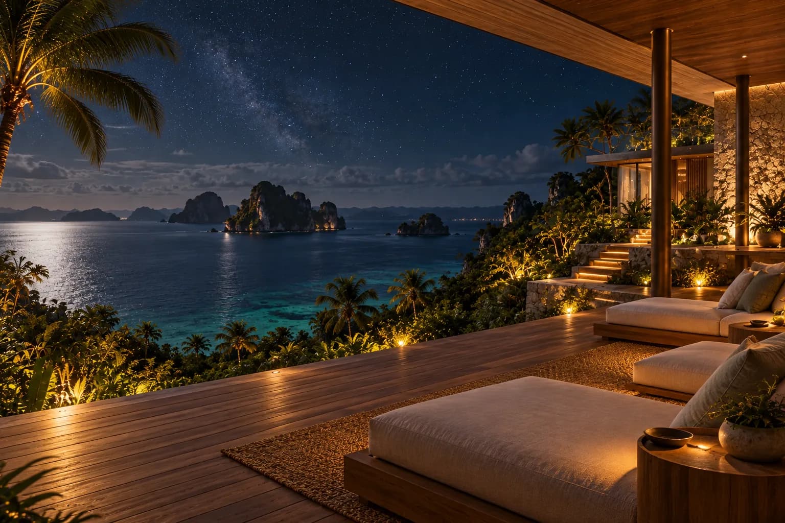 Low-lit DAO Island deck facing the sea and night sky