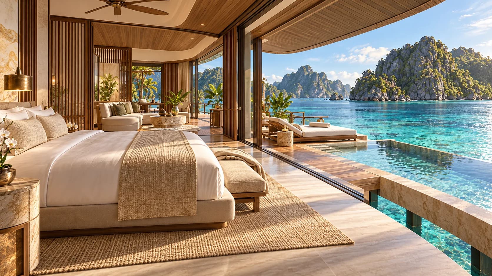 Overwater bedroom pavilion opening to a private deck and turquoise Palawan lagoon