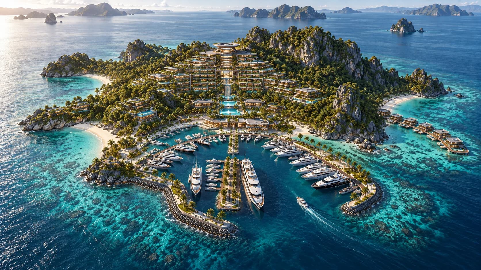 Aerial view of DAO Island at golden hour — a private-island resort and superyacht marina ringed by turquoise sea