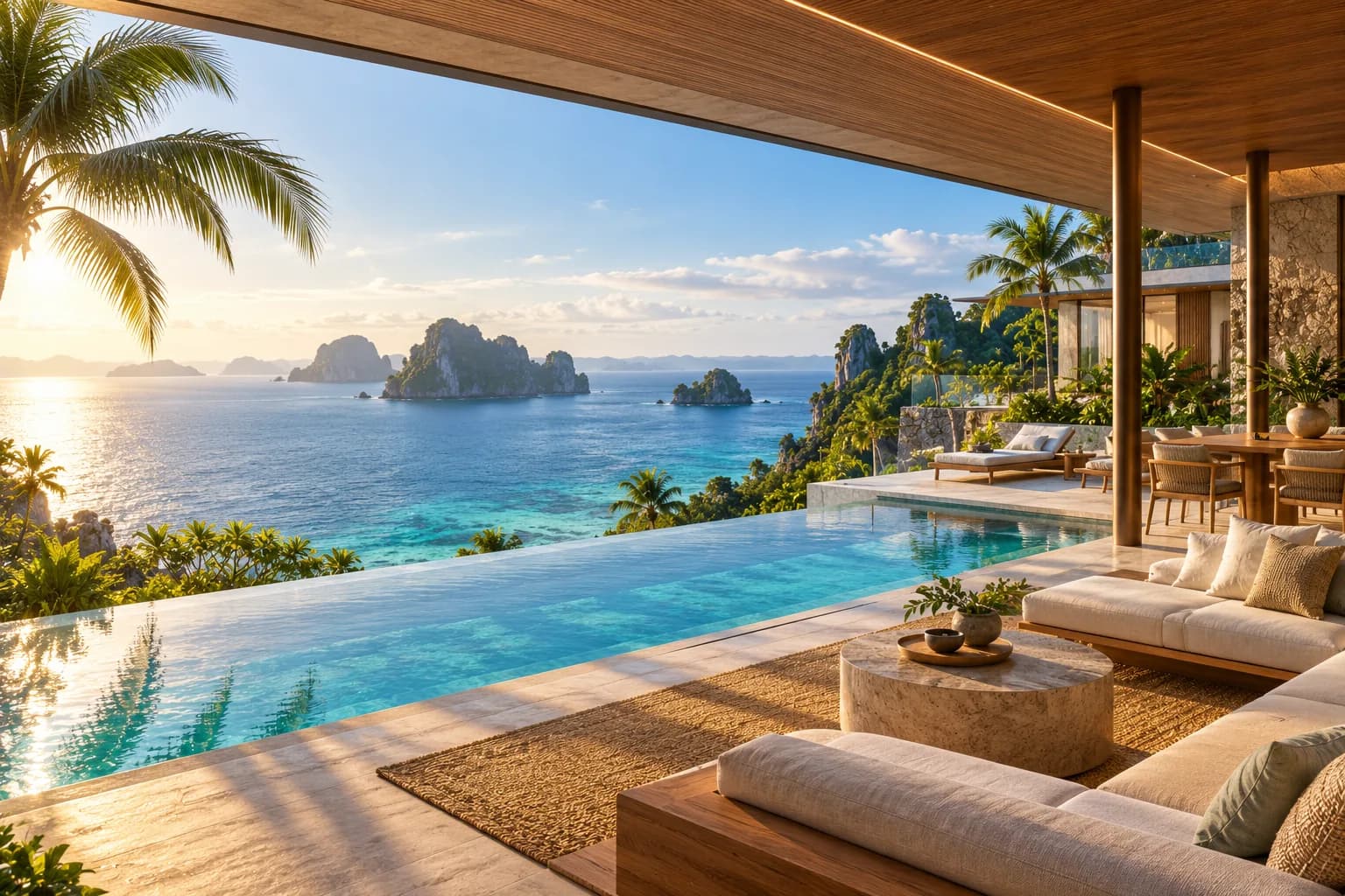 Open villa pavilion and infinity pool overlooking turquoise sea