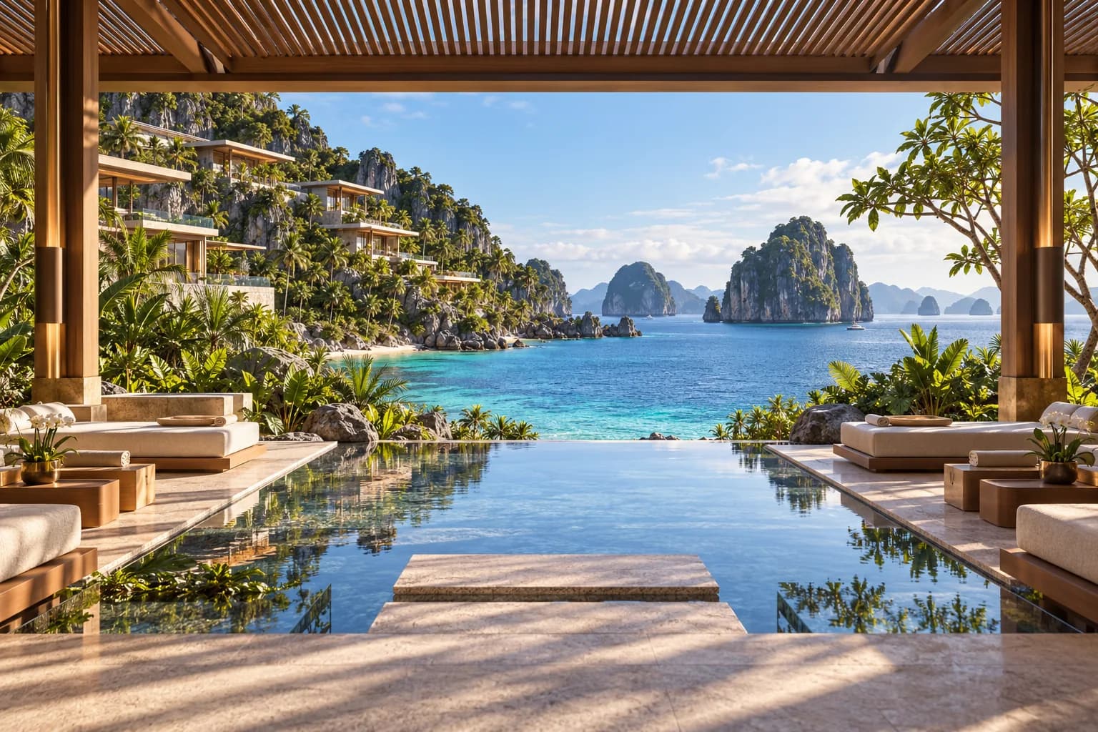 Open-air stone and timber wellness pavilion facing the sea