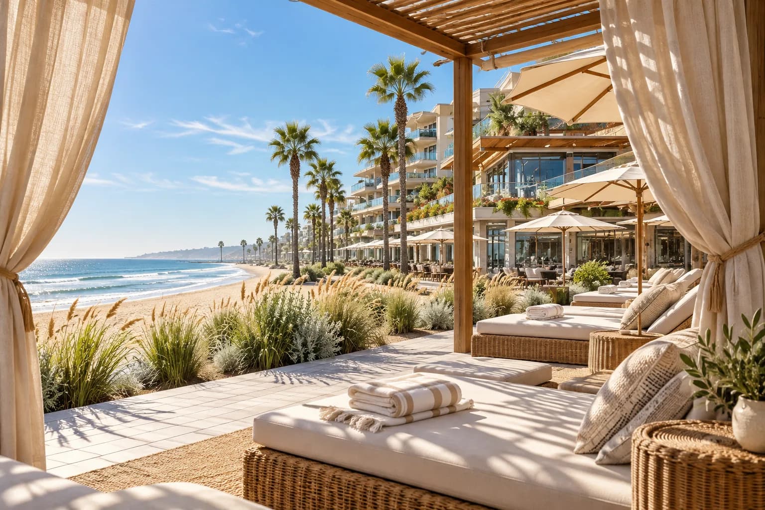 Cream canvas cabanas and woven loungers beside the Pacific