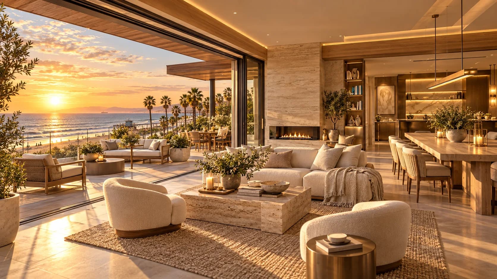Coastal penthouse living room with a broad ocean-facing terrace