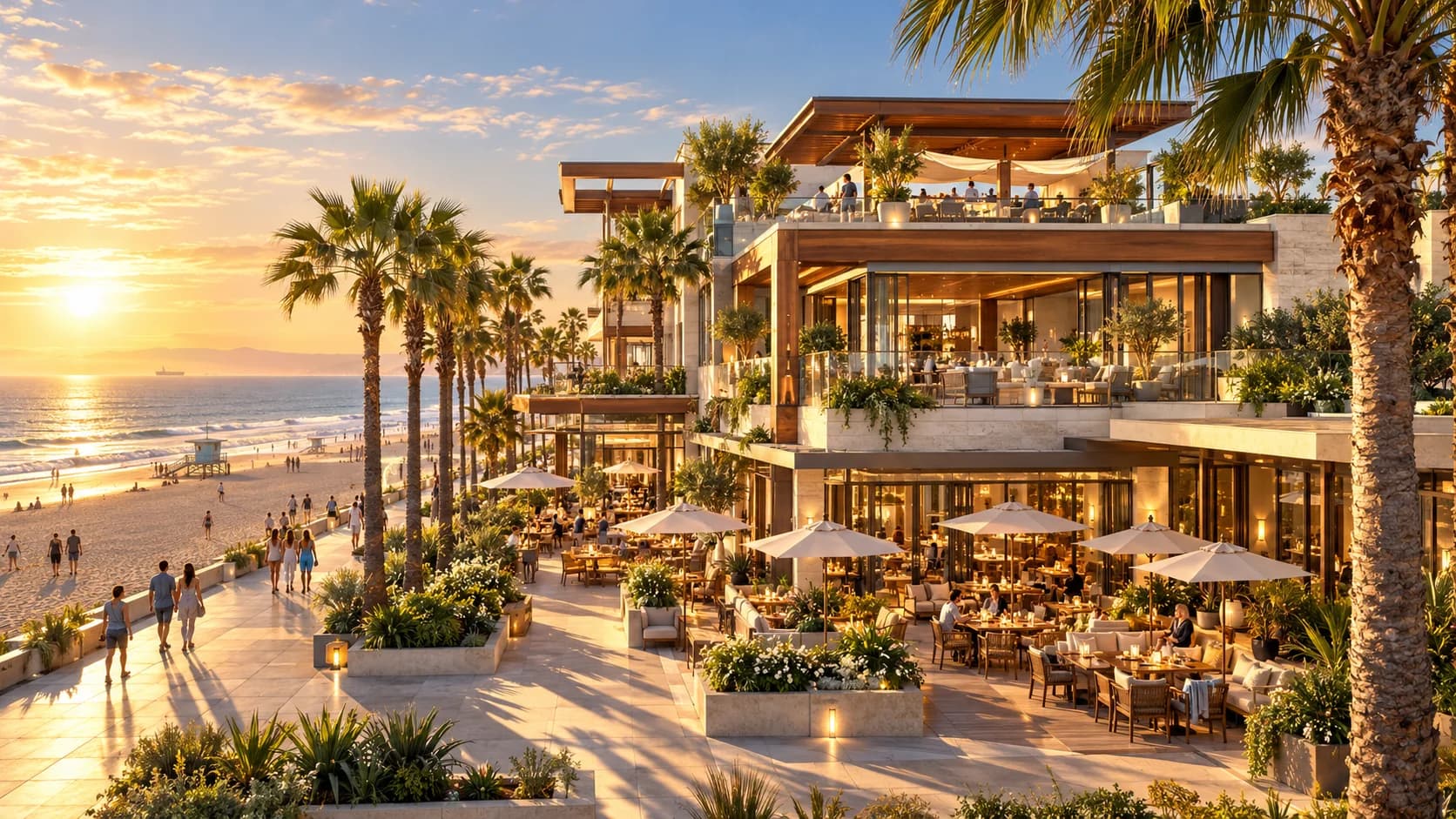 Golden-hour view of the Segal Hermosa beachfront hotel and club terrace above the Strand