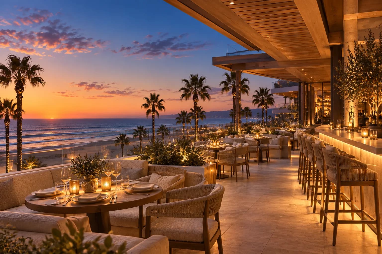 Intimate rooftop bar with linen seating and a Pacific view at dusk