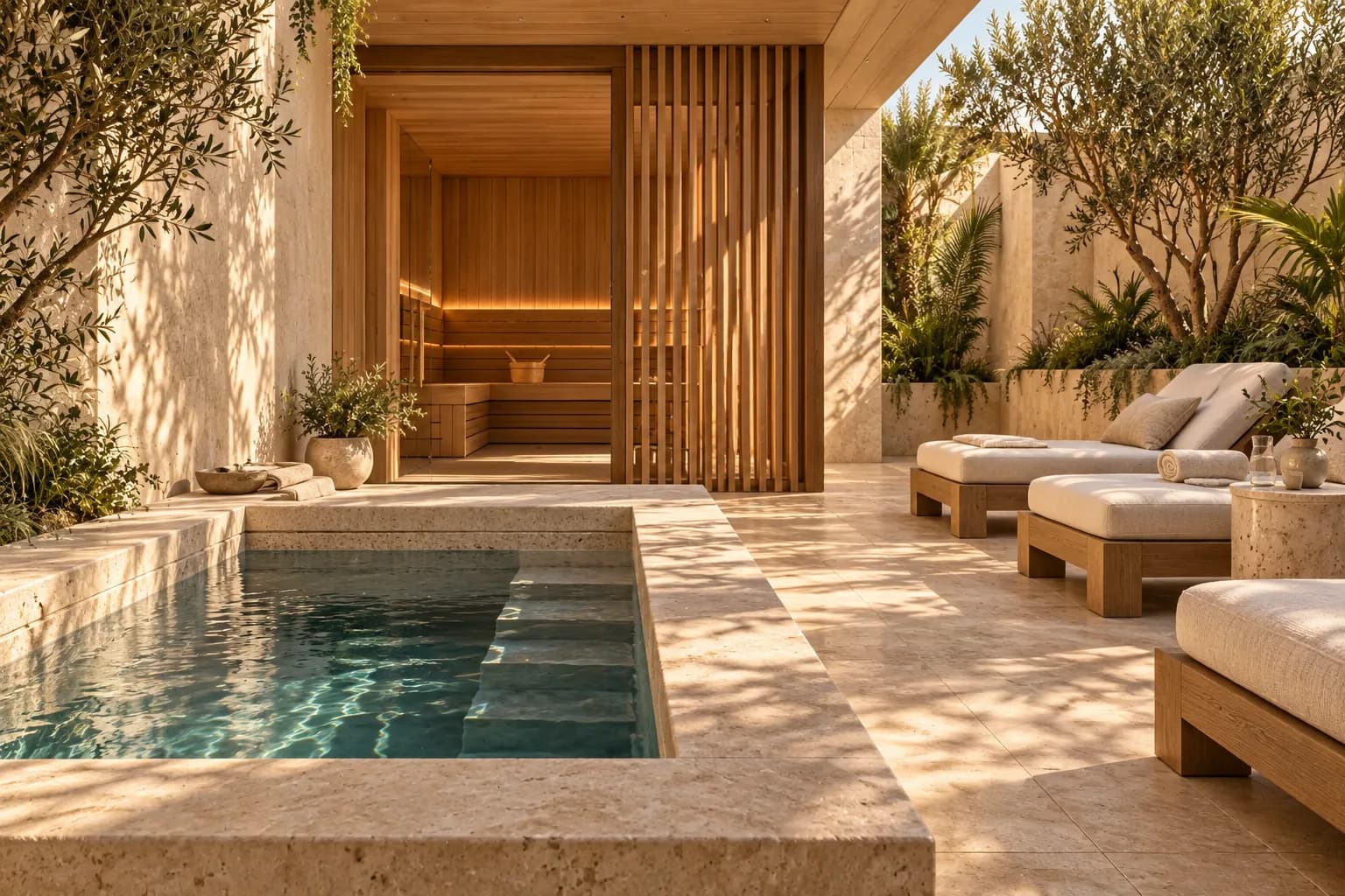 Honed-stone plunge pool, cedar sauna, and linen loungers