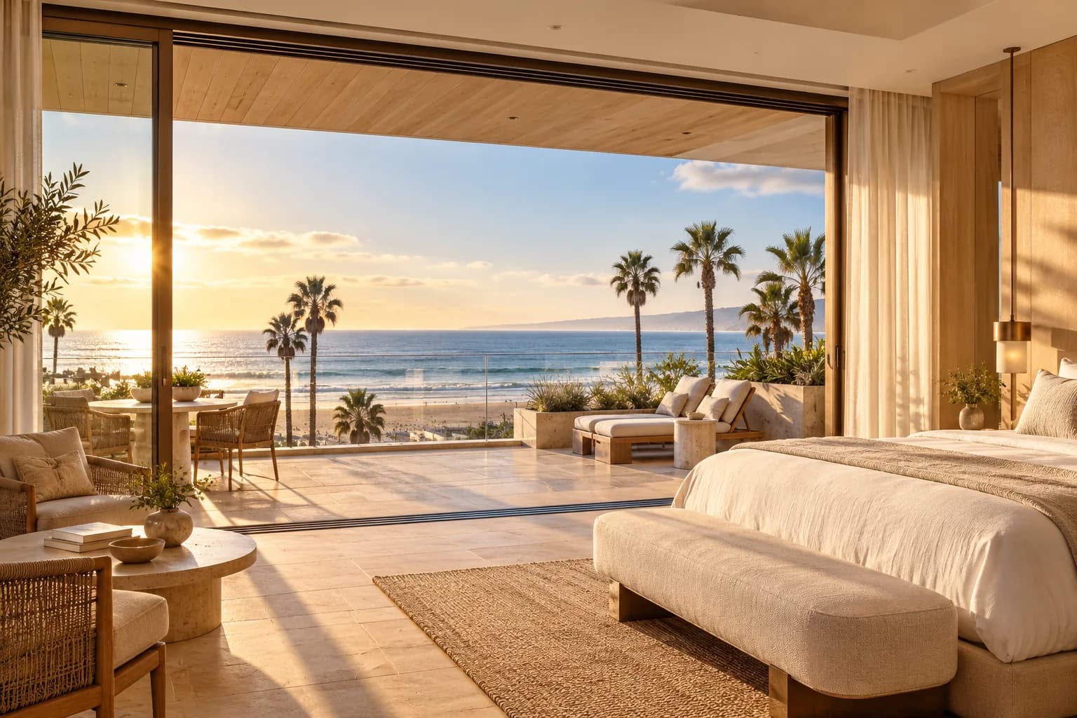 Warm linen and oak suite with an open Pacific-facing terrace