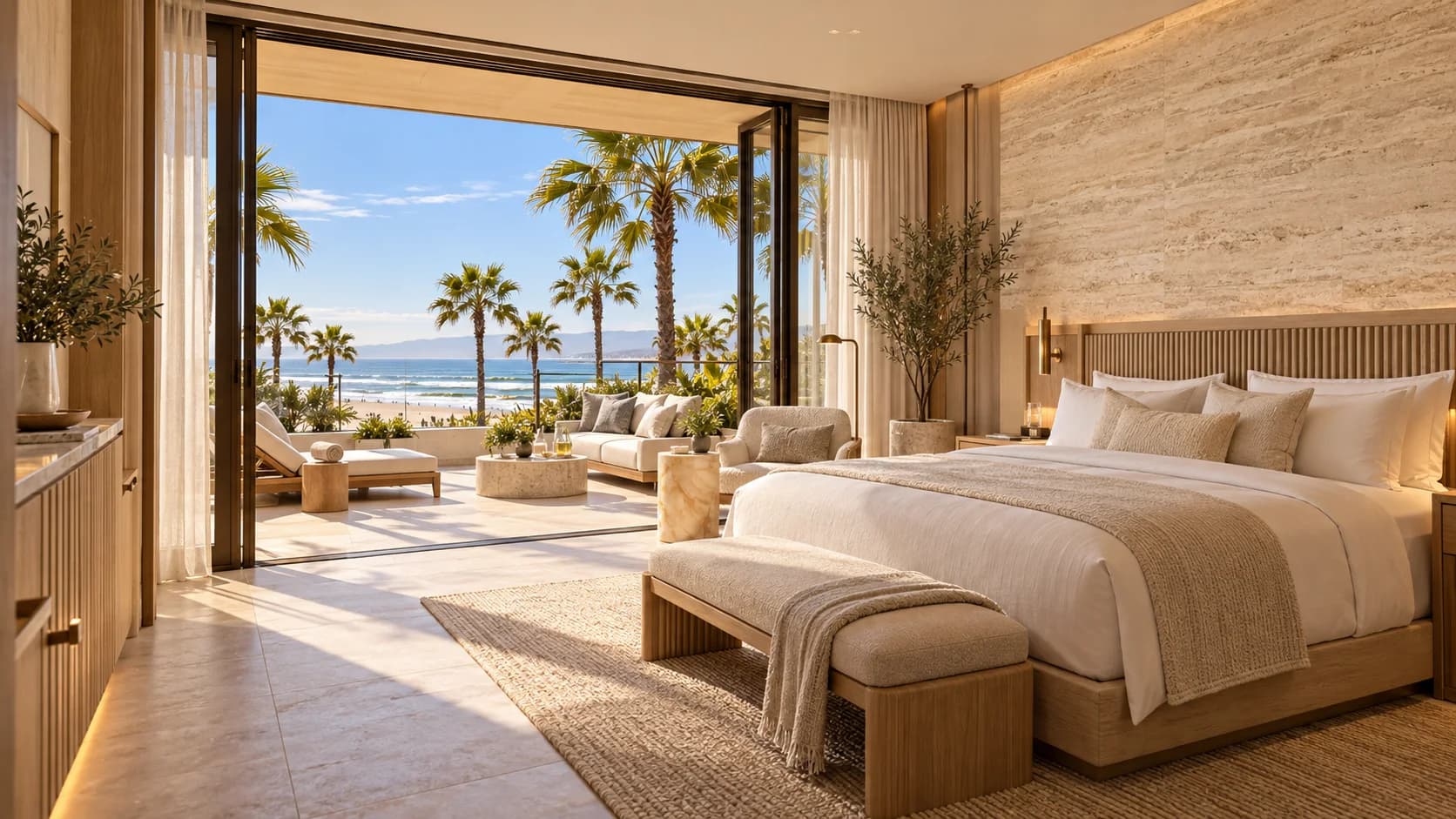 Pale-oak hotel suite with an open terrace toward the Pacific
