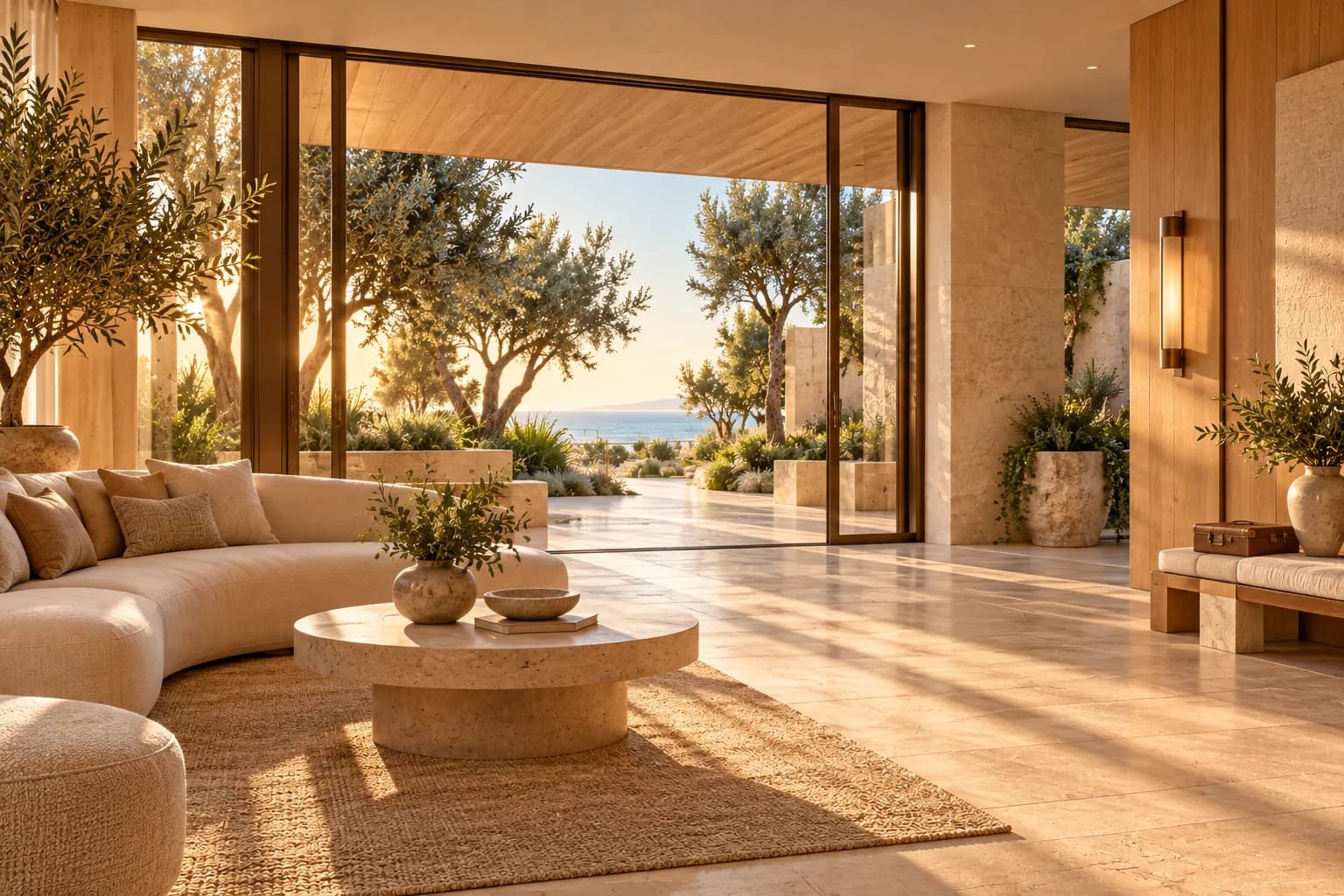 Warm hospitality arrival salon with linen seating and a bronze-framed entrance