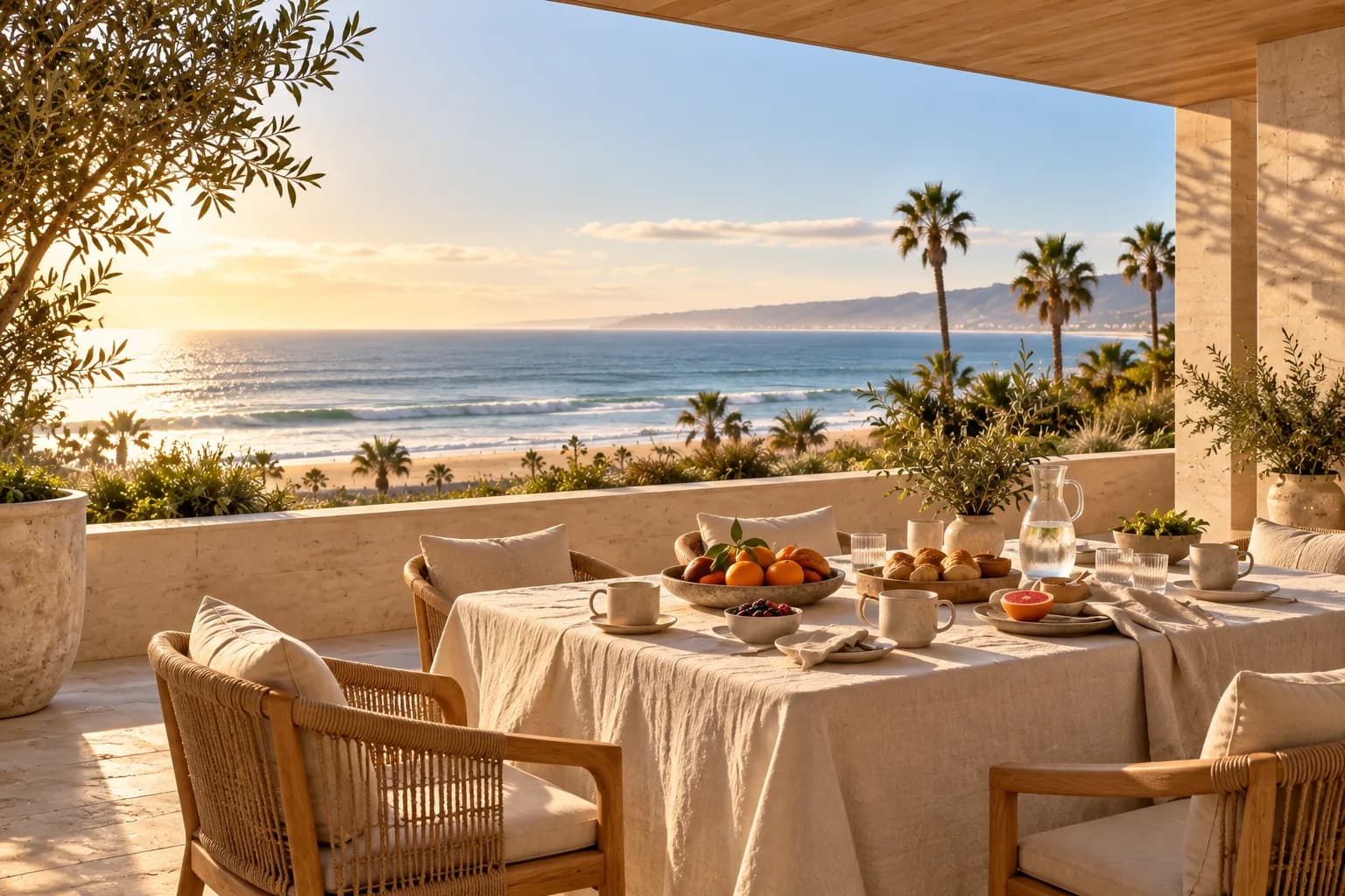 Linen breakfast table on a shaded coastal terrace in morning light