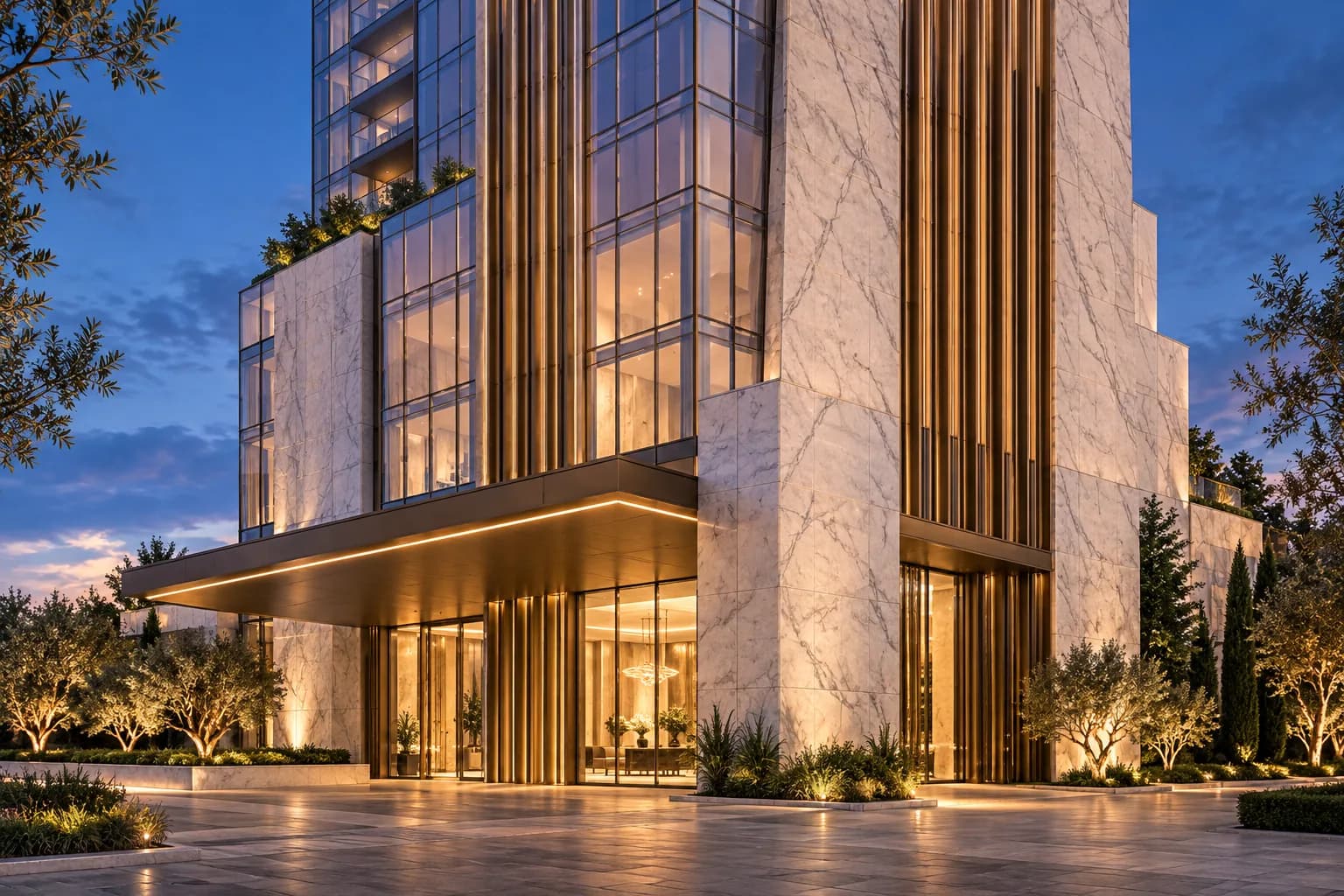 Bronze-canopied porte-cochère leading into a tall marble reception hall