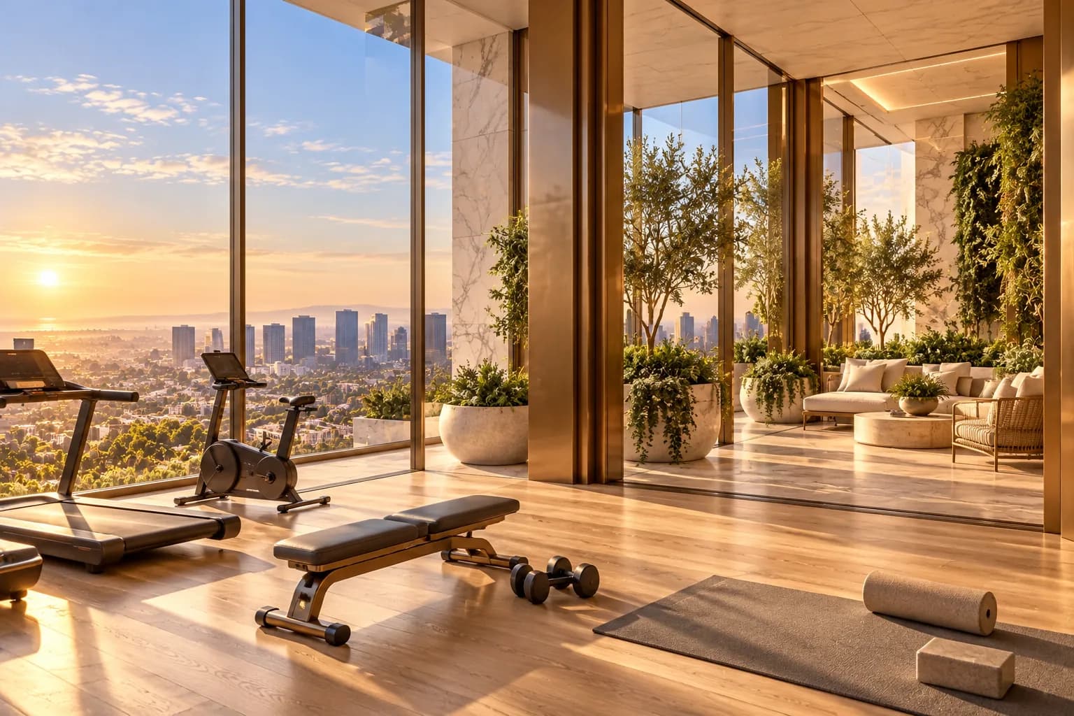 Daylit fitness studio beside a planted winter garden high above Los Angeles