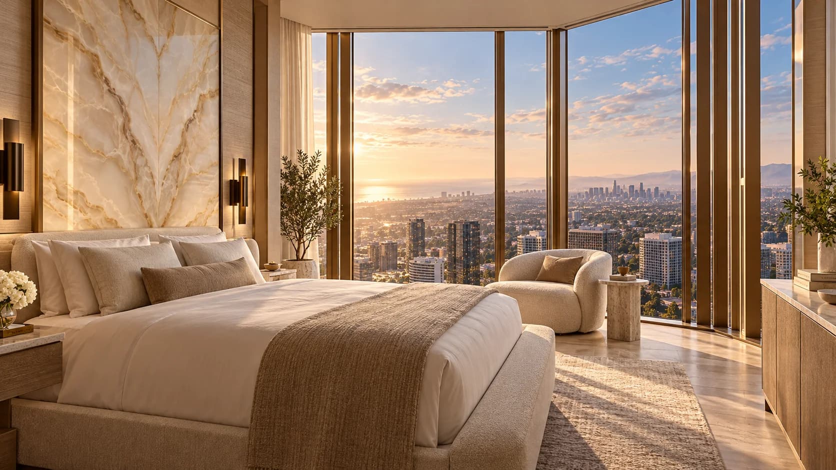 A high-floor hotel suite framed by panoramic Los Angeles views