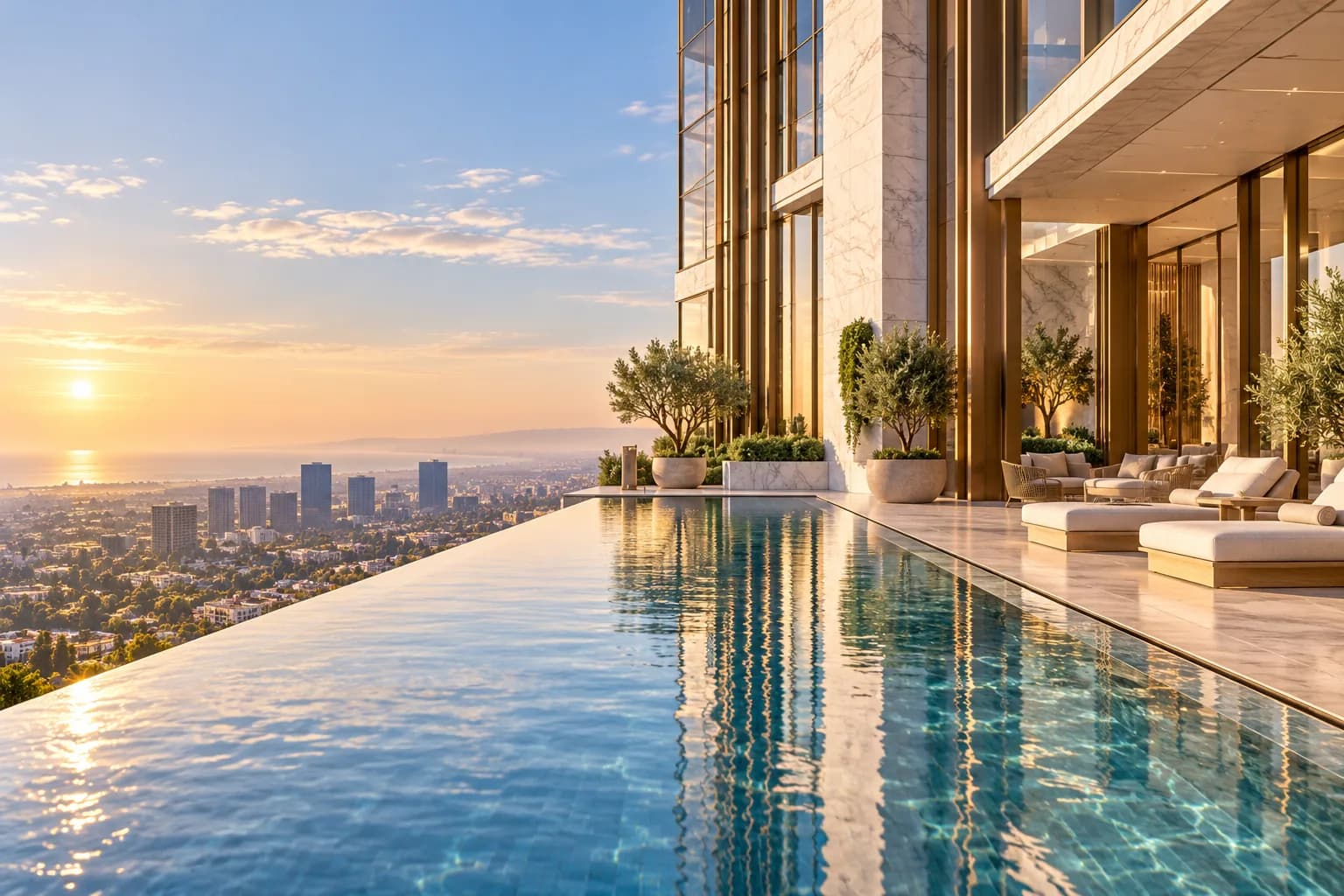 Elevated amenity pool and terrace overlooking Los Angeles
