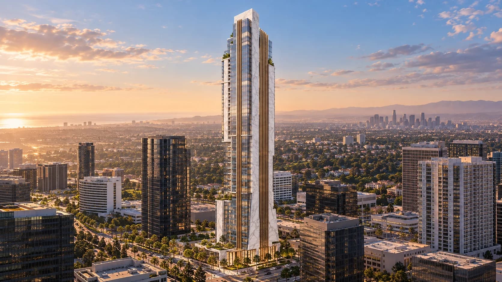 Segal Tower rising as a luminous marble-and-bronze landmark over Century City