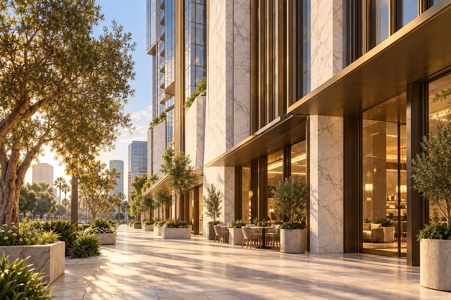 Shaded stone retail promenade and planted pedestrian edges beneath Segal Tower