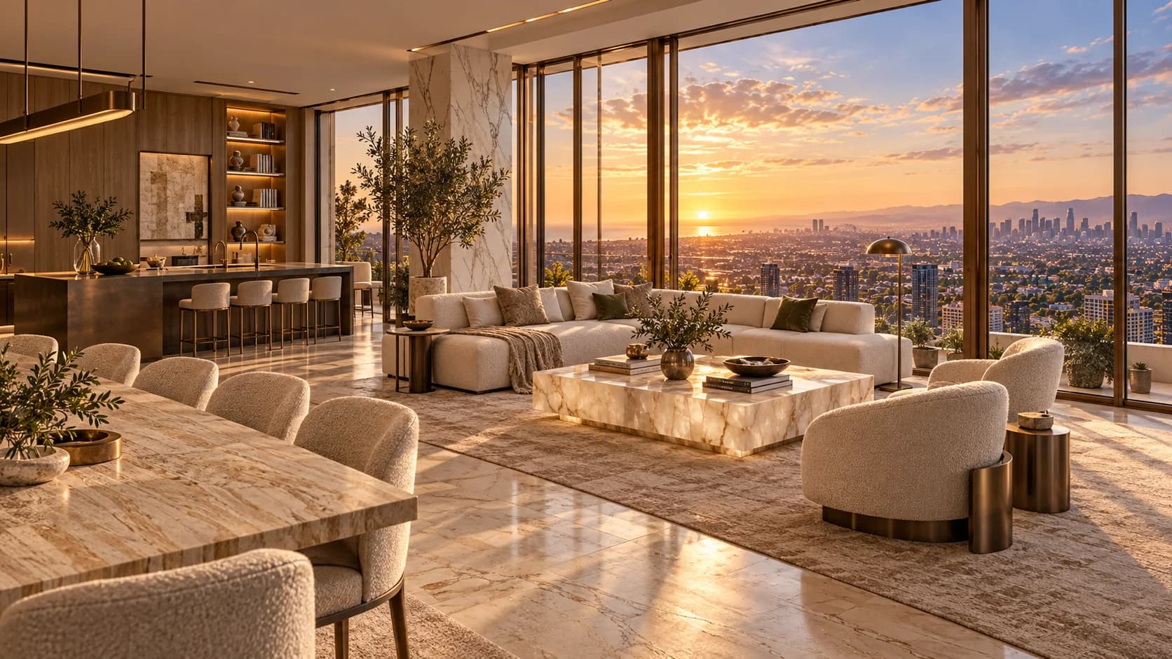 Expansive Segal Tower residence with a city-facing living and dining room