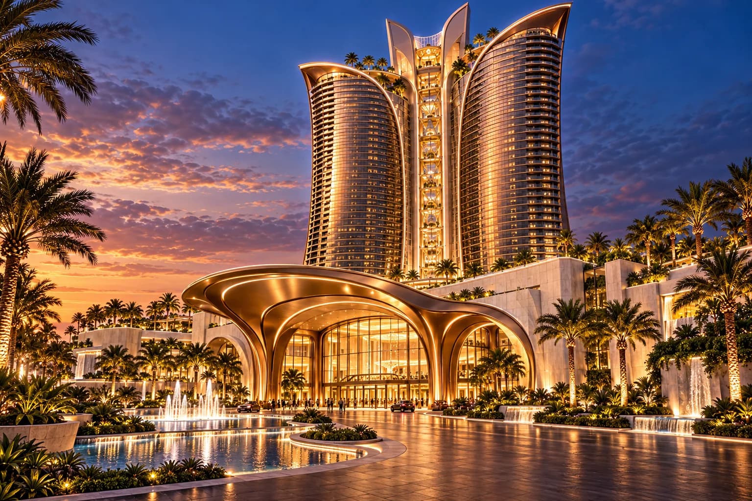Monumental sculptural Strip resort tower above a grand bronze arrival canopy
