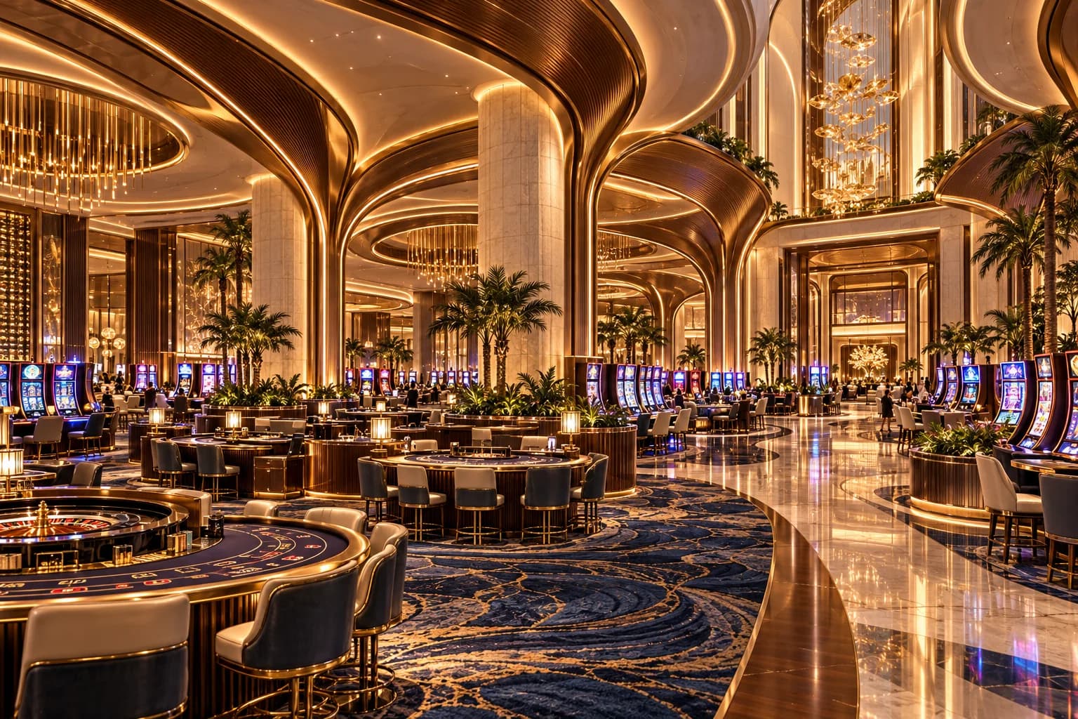 Expansive Las Vegas casino floor with slot-machine banks, gaming tables, and bronze architecture