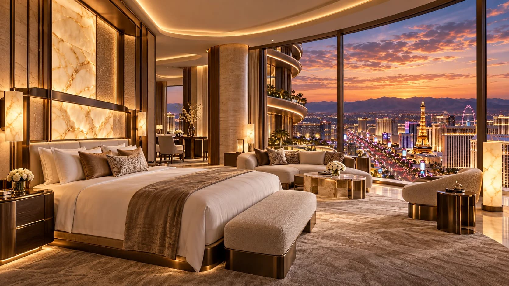 Corner hotel suite overlooking the Las Vegas Strip through panoramic glazing
