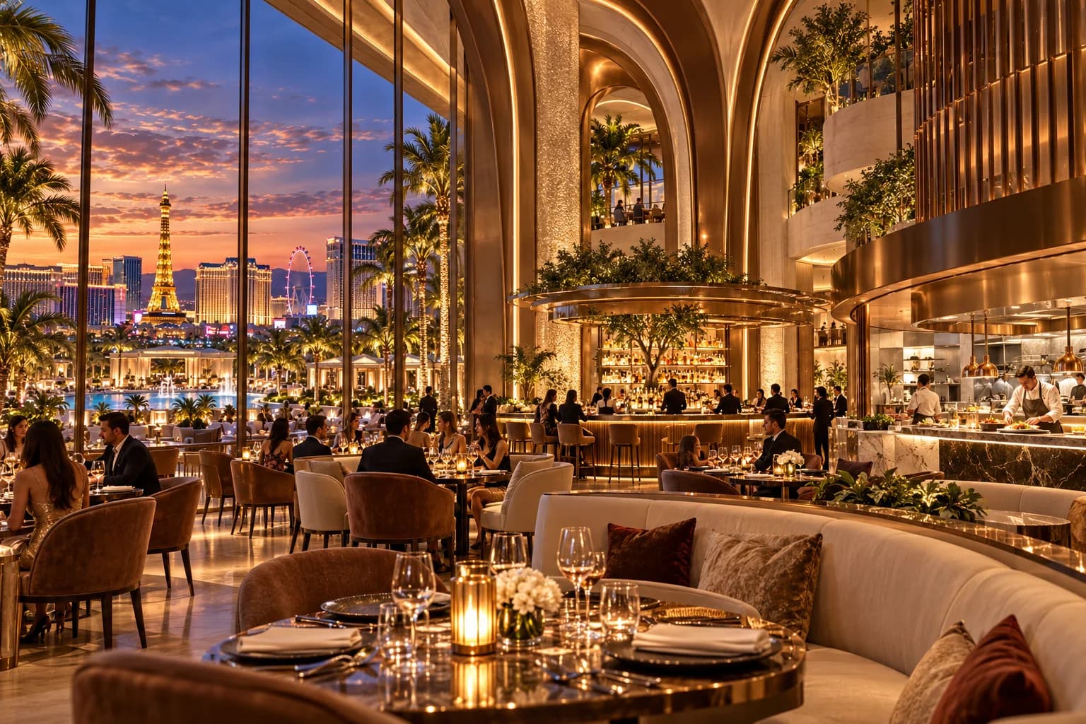 Candlelit destination restaurant with curved banquettes and bronze details