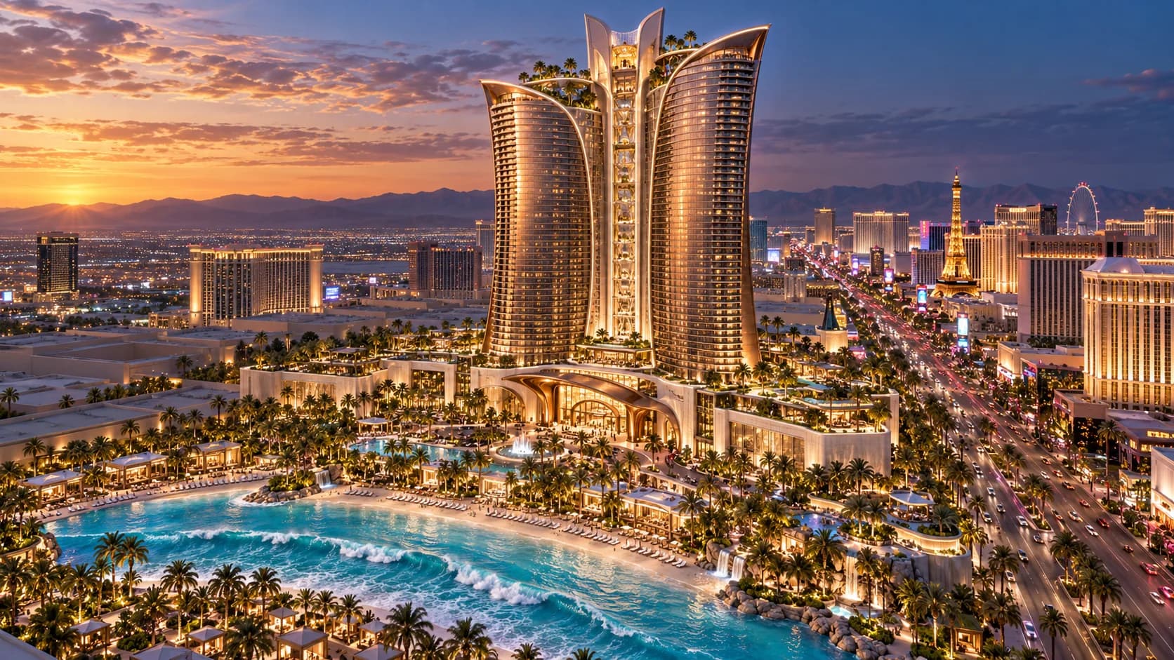 Monumental sculptural Segal resort tower on the Las Vegas Strip above a vast wave pool