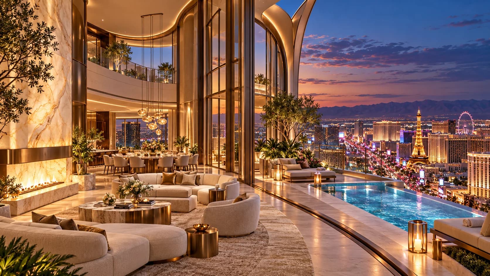 Private sky-villa living room and terrace within the monumental Segal resort tower