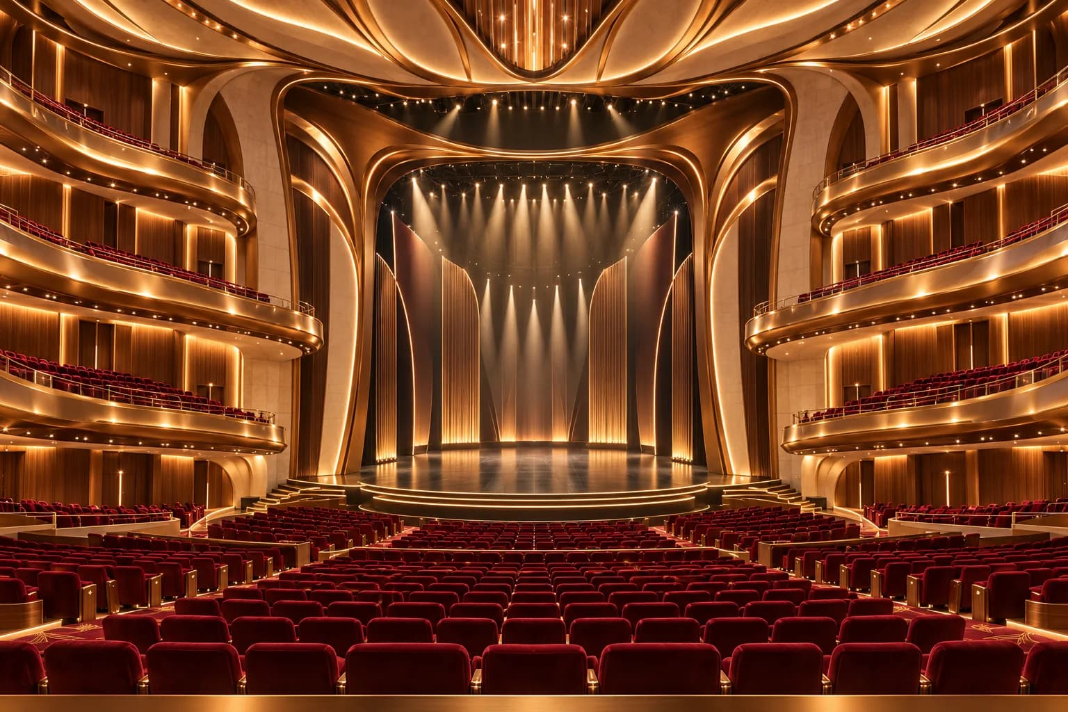 Warm timber theater with curved balconies and a softly illuminated stage