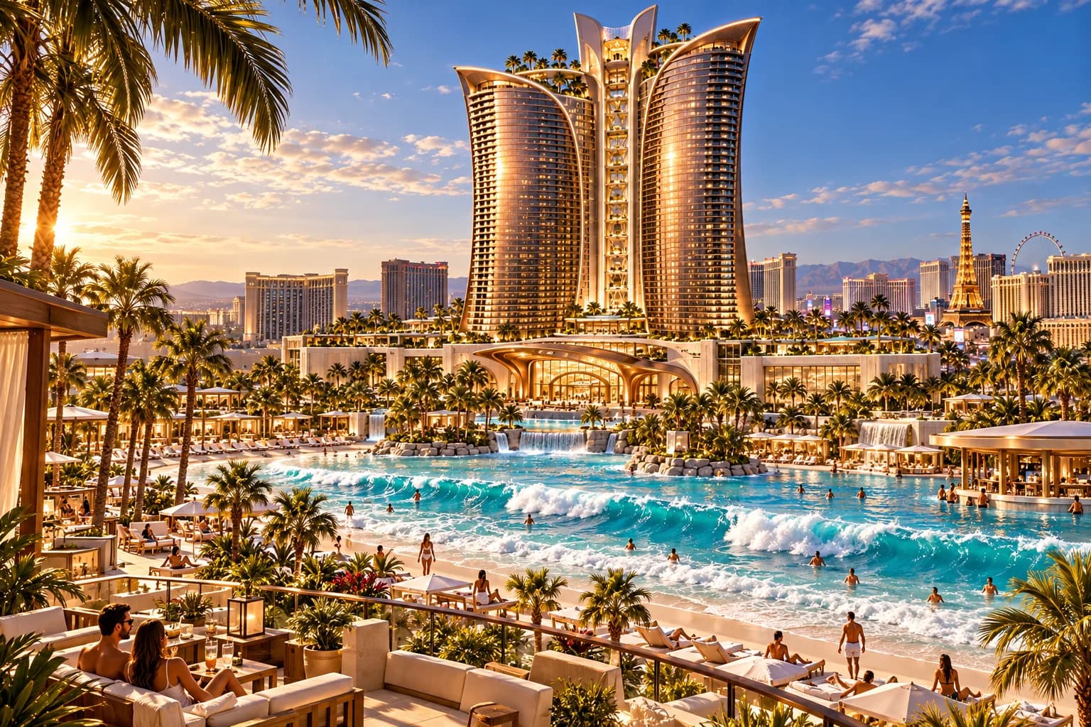Breaking waves roll toward a sandy resort beach beneath the landmark tower